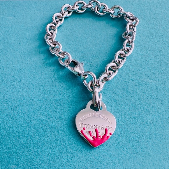 7.5" Tiffany & Co. Pink Heart Splash Charm Bracelet - Picture 1 of 3